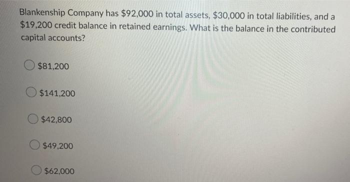 Blankenship Company Has 92 000 In Total Assets 30 000 In Total Liabilities And A 19 200 Credit Balance In Retained 1