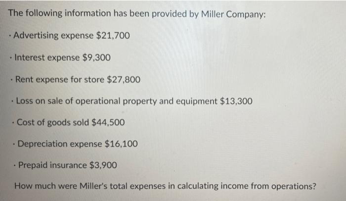 The Following Information Has Been Provided By Miller Company Advertising Expense 21 700 Interest Expense 9 300 1