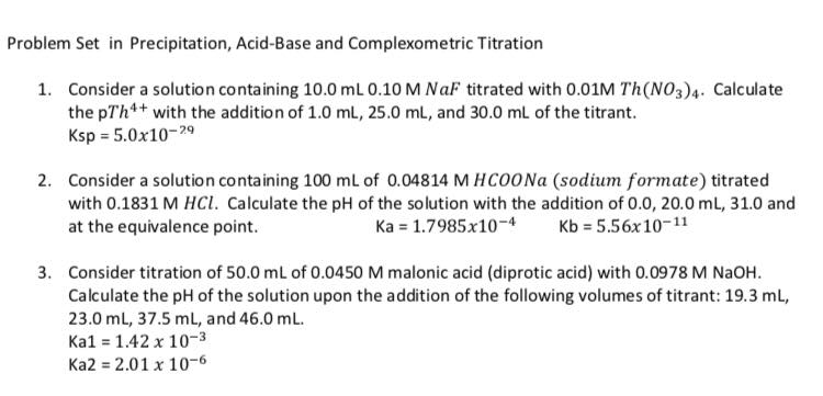 Problem Set In Precipitation Acid Base And Complexometric Titration 1 Consider A Solution Containing 10 0 Ml 0 10 M Na 1
