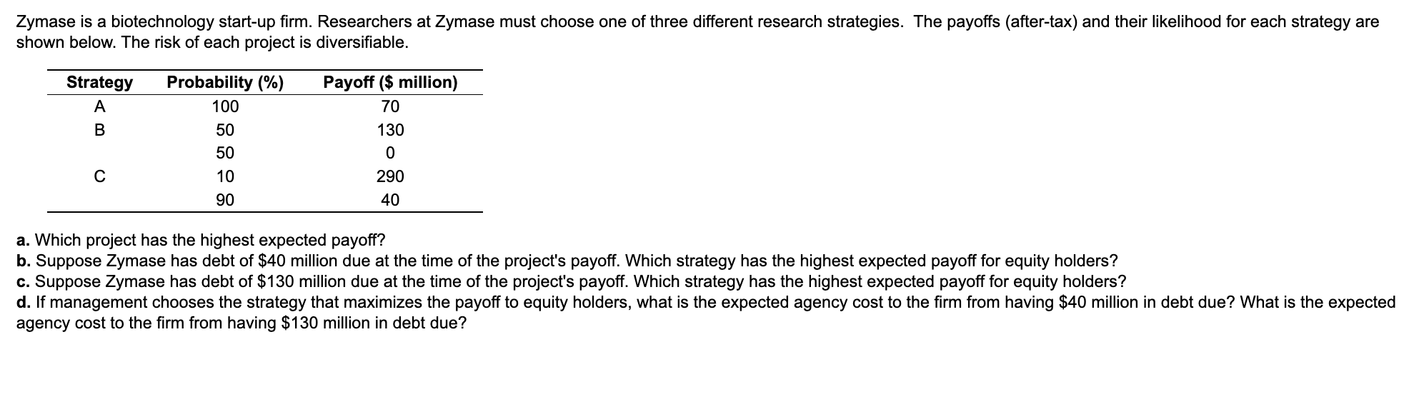 Zymase Is A Biotechnology Start Up Firm Researchers At Zymase Must Choose One Of Three Different Research Strategies T 1
