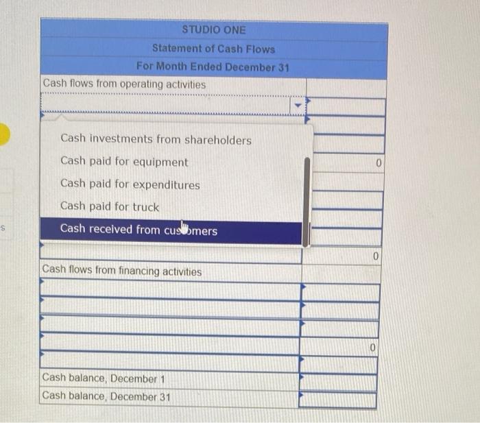 Use The Following Information To Prepare A Statement Of Cash Flows For Studio One For The Month Ended December 31 The C 2