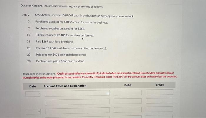 Data For Kingbird Inc Interior Decorating Are Presented As Follows Jan 2 Stockholders Invested 20 047 Cash In The 1