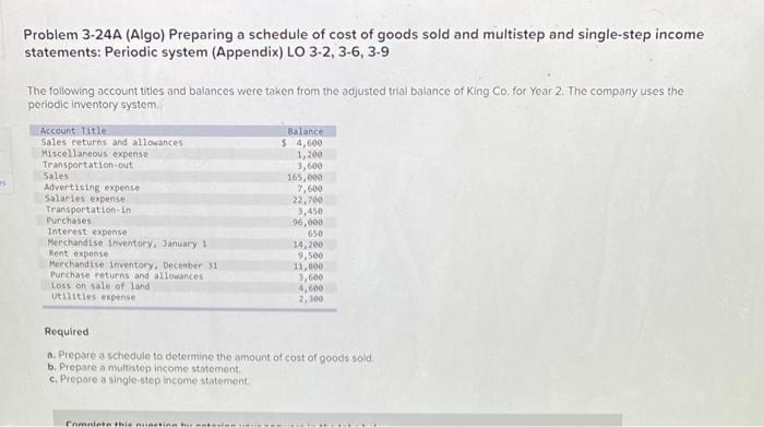 Es Problem 3 24a Algo Preparing A Schedule Of Cost Of Goods Sold And Multistep And Single Step Income Statements Peri 1