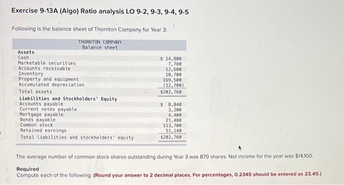 Exercise 9 13a Algo Ratio Analysis Lo 9 2 9 3 9 4 9 5 Following Is The Balance Sheet Of Thornton Company For Year 3 1