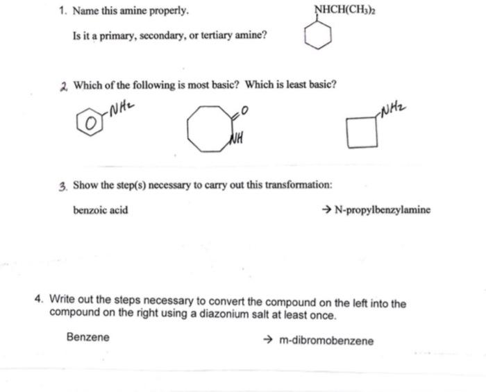 Nhch Ch3 2 1 Name This Amine Properly Is It A Primary Secondary Or Tertiary Amine 2 Which Of The Following Is Most 1
