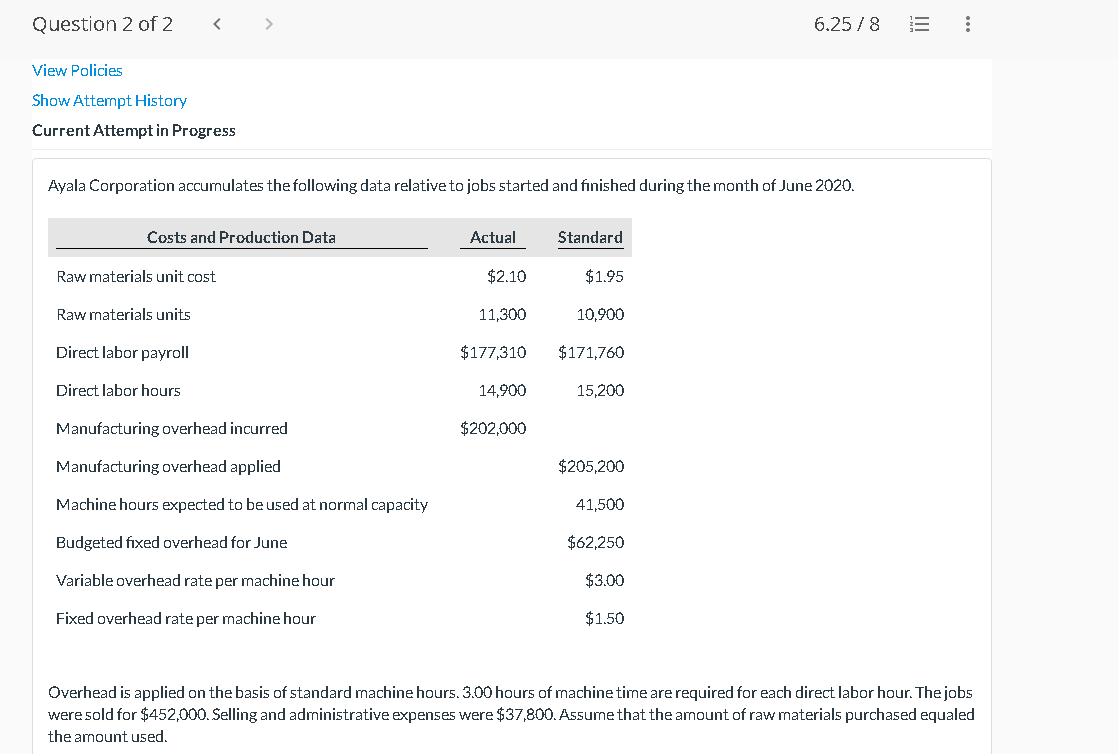 Question 2 Of 2 6 25 8 View Policies Show Attempt History Current Attempt In Progress Ayala Corporation Accumulates The 1