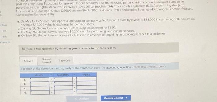 For Erich Post The Entry Using T Accounts To Represent Ledger Accounts Use The Following Partial Chart Of Accounts Acco 1