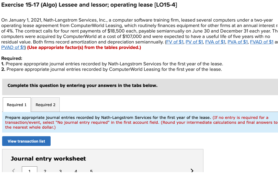 Exercise 15 17 Algo Lessee And Lessor Operating Lease Lo15 4 On January 1 2021 Nath Langstrom Services Inc A C 1
