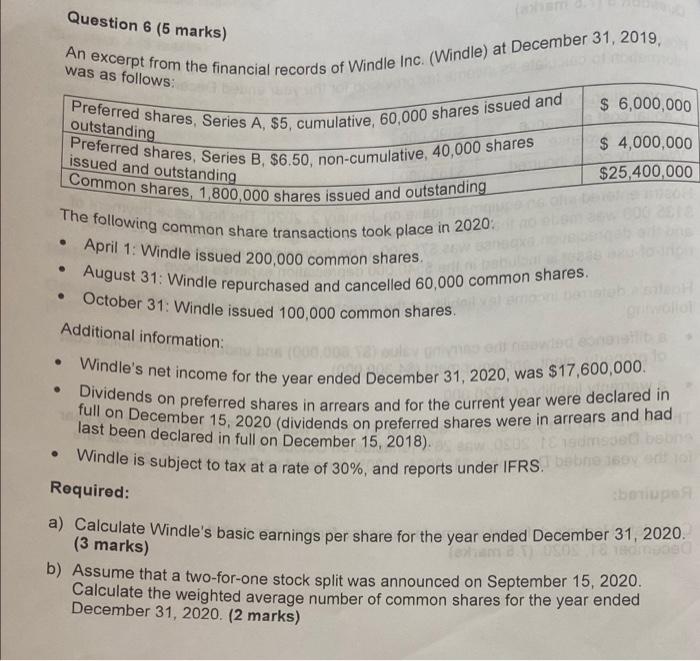 Question 6 5 Marks An Excerpt From The Financial Records Of Windle Inc Windle At December 31 2019 Was As Follows 1