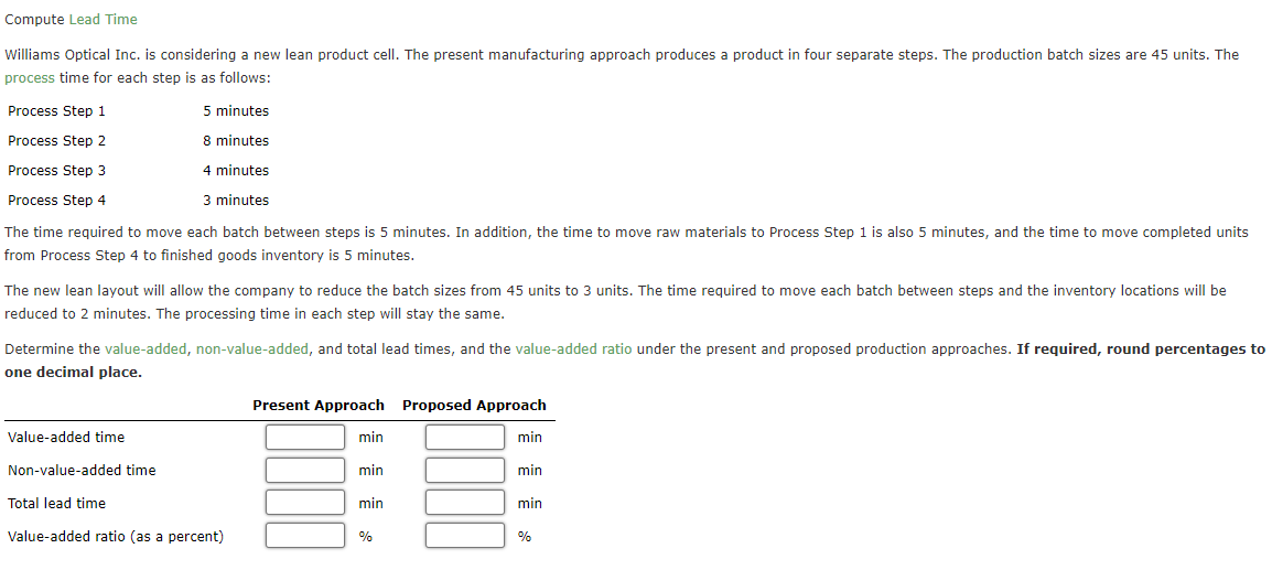 Compute Lead Time Williams Optical Inc Is Considering A New Lean Product Cell The Present Manufacturing Approach Produ 1