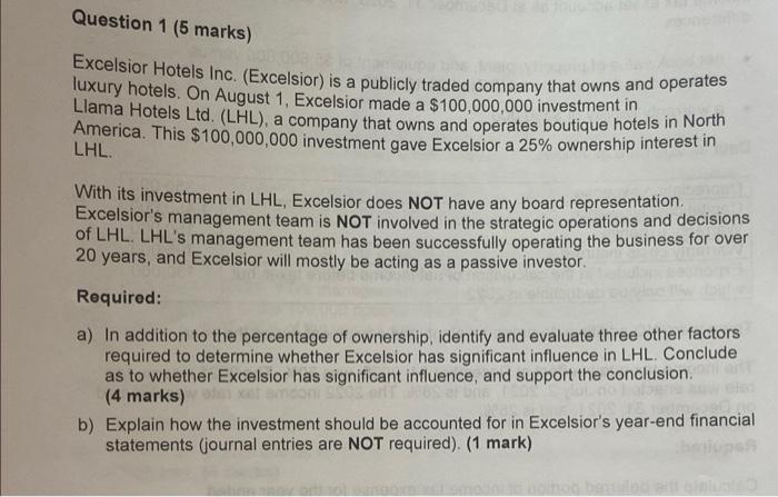 Question 1 5 Marks Excelsior Hotels Inc Excelsior Is A Publicly Traded Company That Owns And Operates Luxury Hotels 1