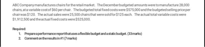 Abc Company Manufactures Chairs For The Retail Market The December Budgeted Amounts Were To Manufacture 28 000 Chairs 1