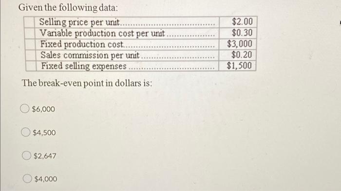 Given The Following Data Selling Price Per Unit Variable Production Cost Per Unit Fixed Production Cost Sales Co 1