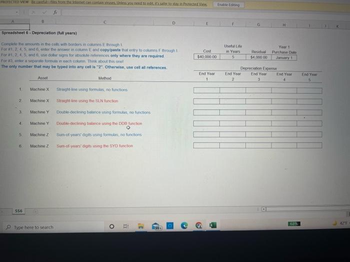 D Spreadsheet 6 Depreciation Full Years Comple The Amo Ce With Rescues Brough F 1 2 Fanar In And Copy Paste That Entry 4