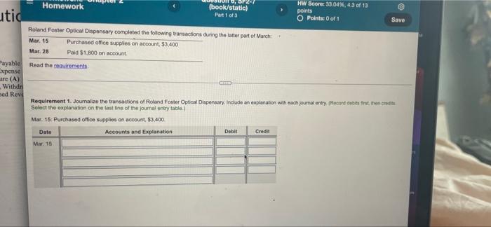 Homework Book Static Part 1 Of 3 Hw Score 33 04 4 3 Of 13 Points O Points 0 Of 1 Save Utic Roland Foster Optical 1