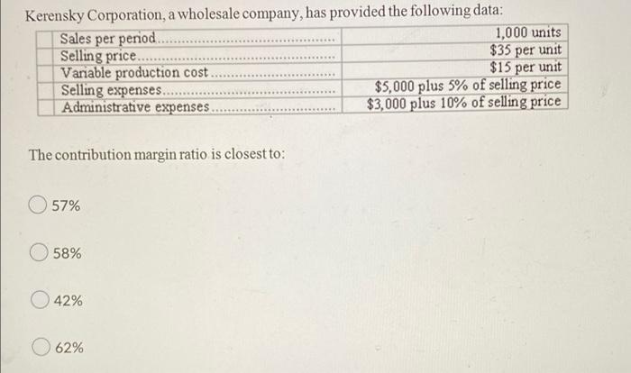 Kerensky Corporation A Wholesale Company Has Provided The Following Data Sales Per Period Selling Price Variable 1