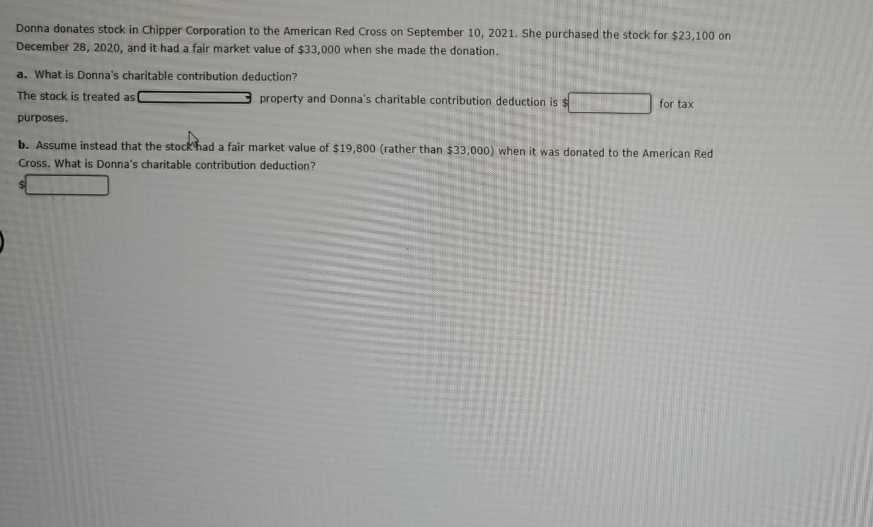 Donna Donates Stock In Chipper Corporation To The American Red Cross On September 10 2021 She Purchased The Stock For 1