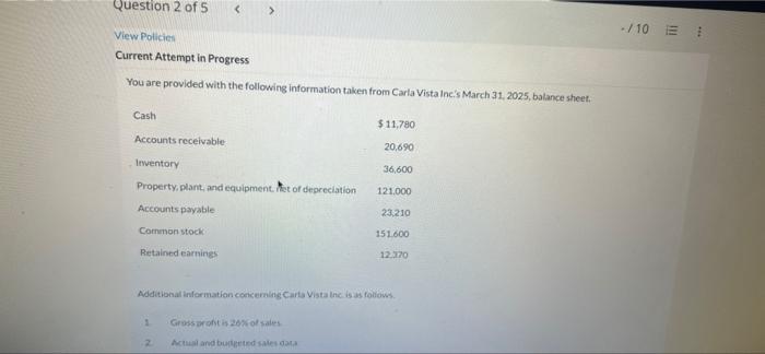 Question 2 Of 5 View Policies Current Attempt In Progress You Are Provided With The Following Information Taken From Car 1