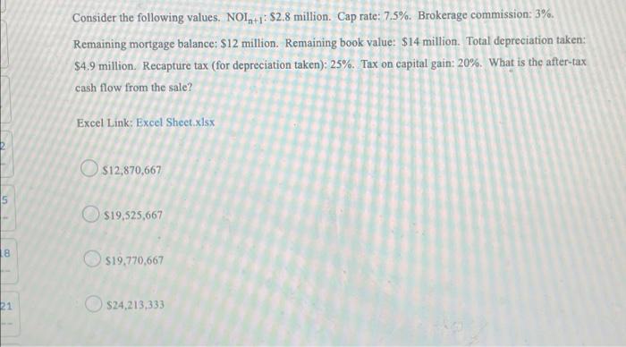 18 21 Consider The Following Values Noi 1 2 8 Million Cap Rate 7 5 Brokerage Commission 3 Remaining Mortgage B 1