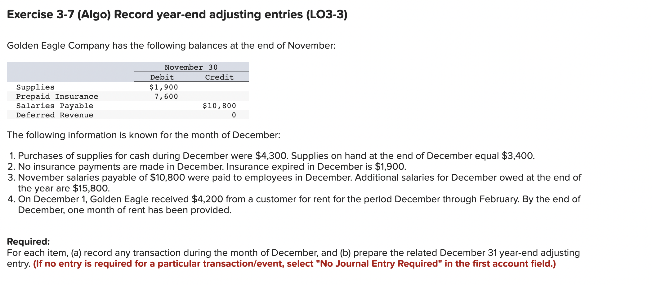 Exercise 3 7 Algo Record Year End Adjusting Entries Lo3 3 Golden Eagle Company Has The Following Balances At The End 1