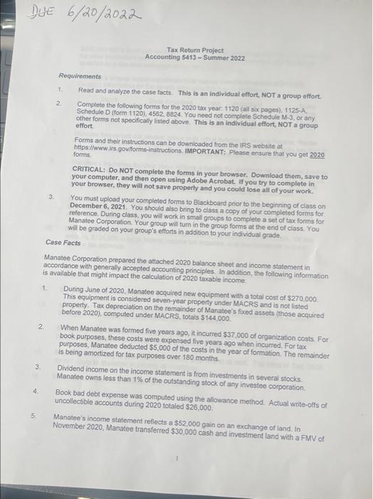 Due 6 20 2022 Tax Return Project Accounting 5413 Summer 2022 Requirements 1 2 Read And Analyze The Case Facts This Is 1