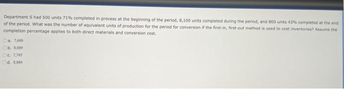Department Shad 500 Units 71 Completed In Process At The Beginning Of The Period 8 100 Units Completed During The Peri 1
