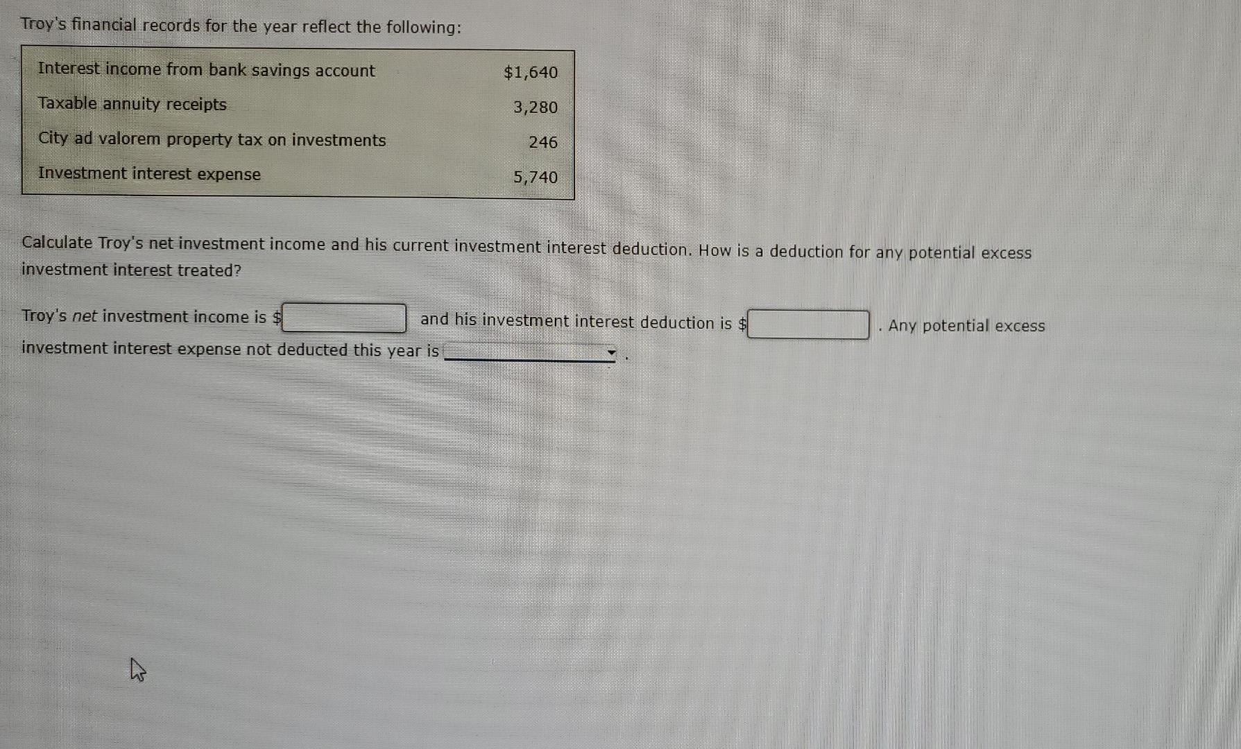 Troy S Financial Records For The Year Reflect The Following Interest Income From Bank Savings Account 1 640 Taxable An 1