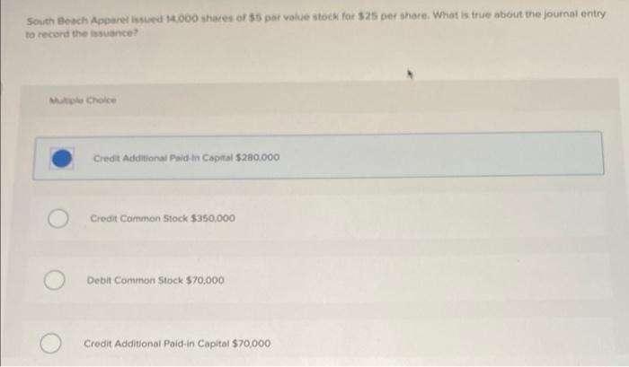 South Beach Apparel Issued 14 000 Shares Of 5 Par Value Stock For 25 Per Share What Is True About The Journal Entry T 1