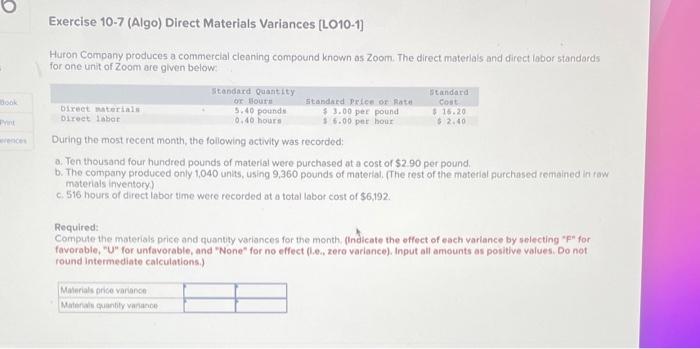 Exercise 10 7 Algo Direct Materials Variances Lo10 1 Huron Company Produces A Commercial Cleaning Compound Known As 1