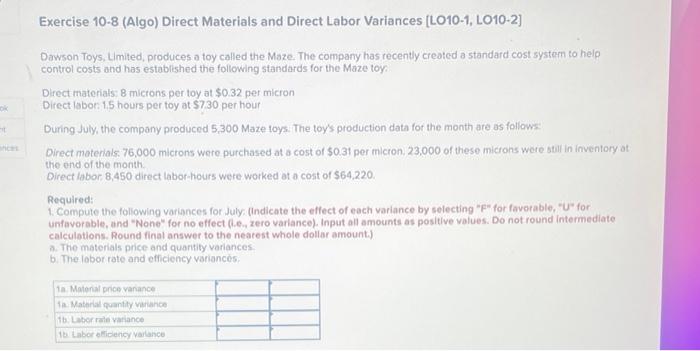 Exercise 10 8 Algo Direct Materials And Direct Labor Variances Lo10 1 Lo10 2 Dawson Toys Limited Produces A Toy C 1