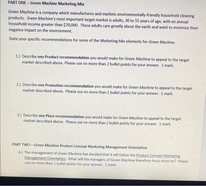 Part One Green Machine Marketing Mix Green Machine Is A Company Which Manufactures And Markets Environmentally Friendly 2