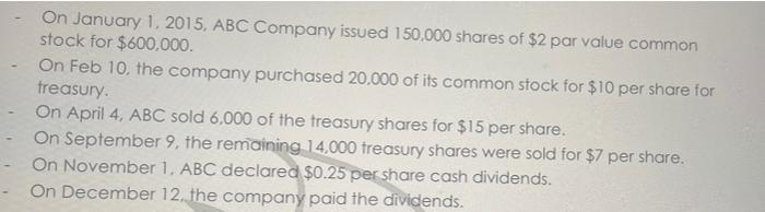 On January 1 2015 Abc Company Issued 150 000 Shares Of 2 Par Value Common Stock For 600 000 On Feb 10 The Compan 1