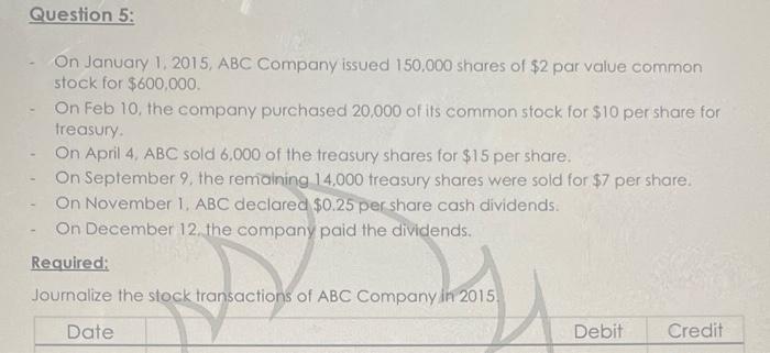 On January 1 2015 Abc Company Issued 150 000 Shares Of 2 Par Value Common Stock For 600 000 On Feb 10 The Compan 2
