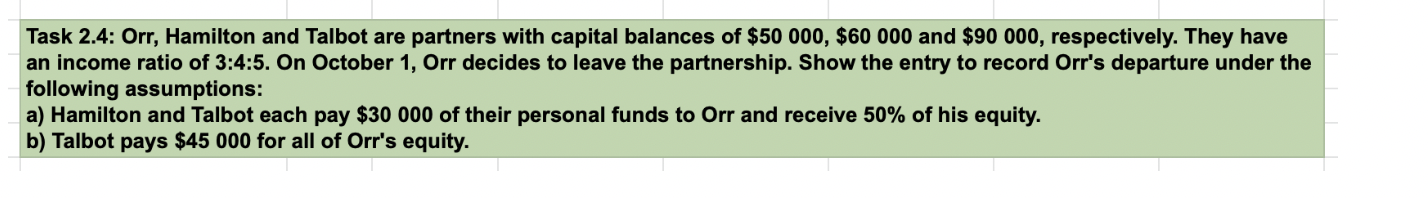 Task 2 4 Orr Hamilton And Talbot Are Partners With Capital Balances Of 50 000 60 000 And 90 000 Respectively The 1