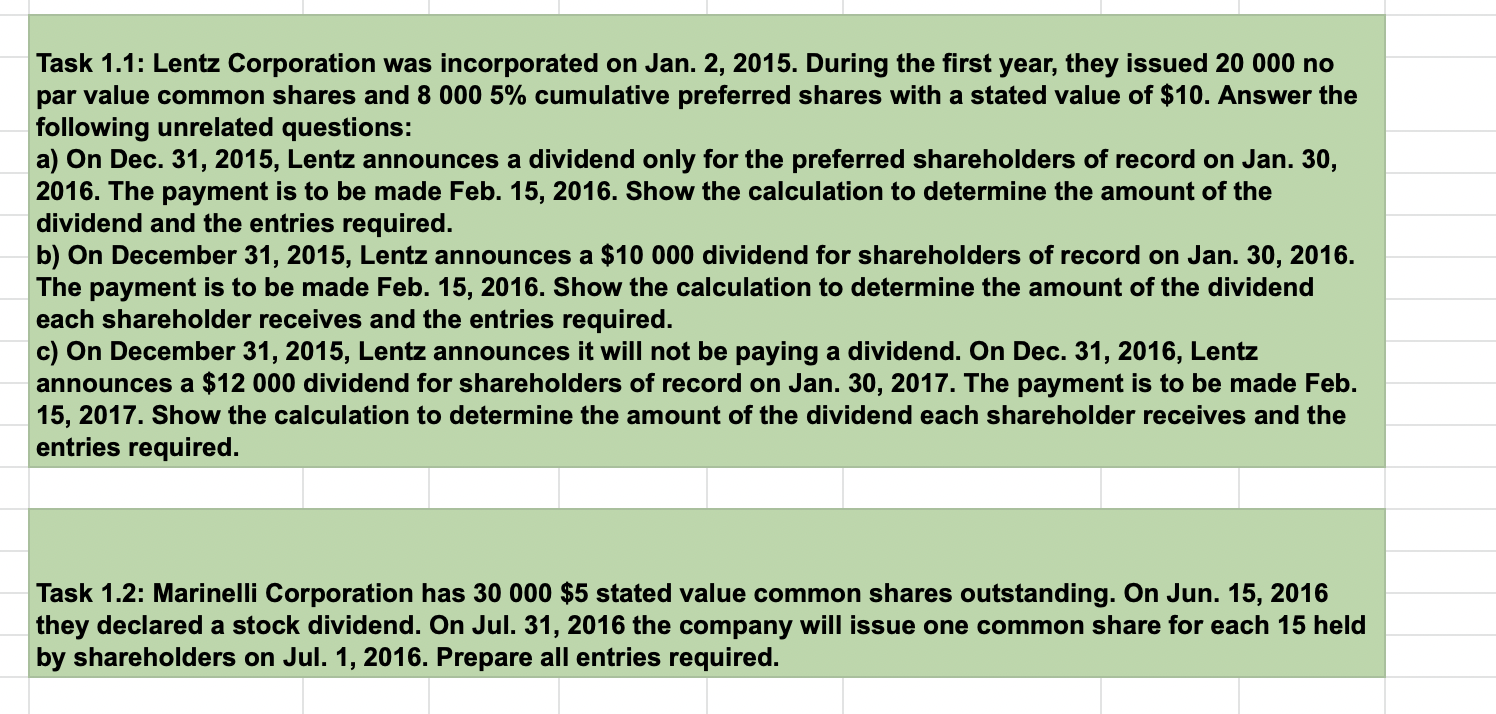 Task 1 1 Lentz Corporation Was Incorporated On Jan 2 2015 During The First Year They Issued 20 000 No Par Value Com 1