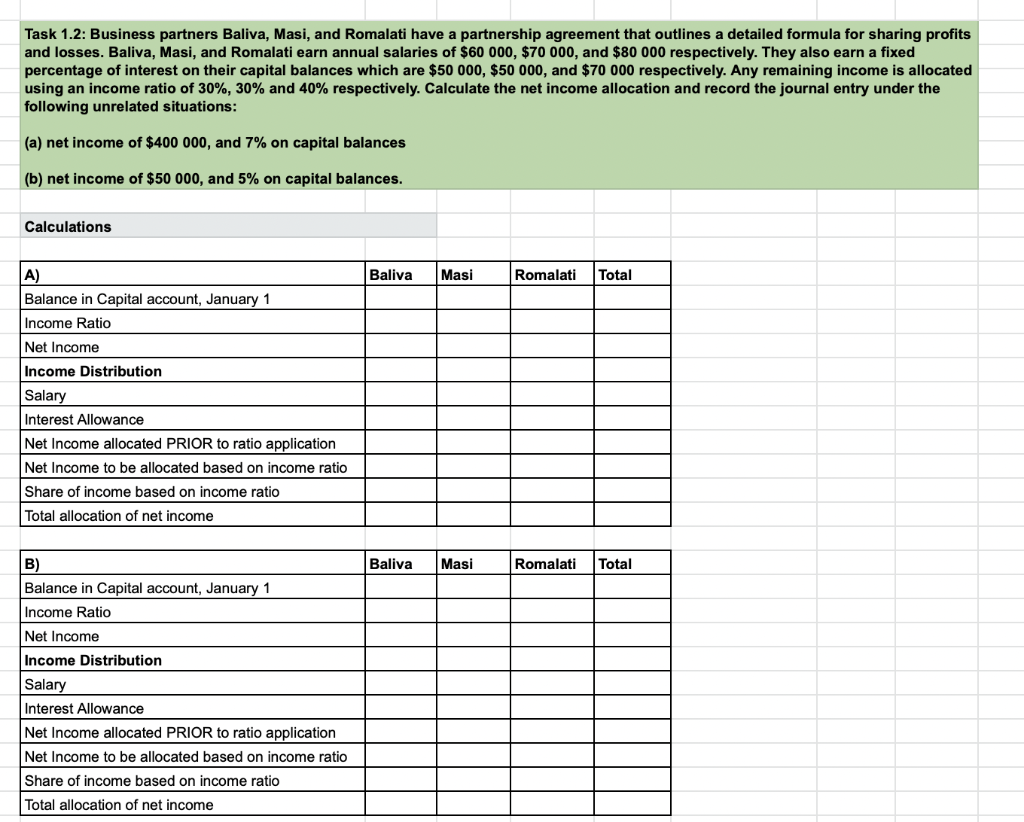 Task 1 2 Business Partners Baliva Masi And Romalati Have A Partnership Agreement That Outlines A Detailed Formula For 1