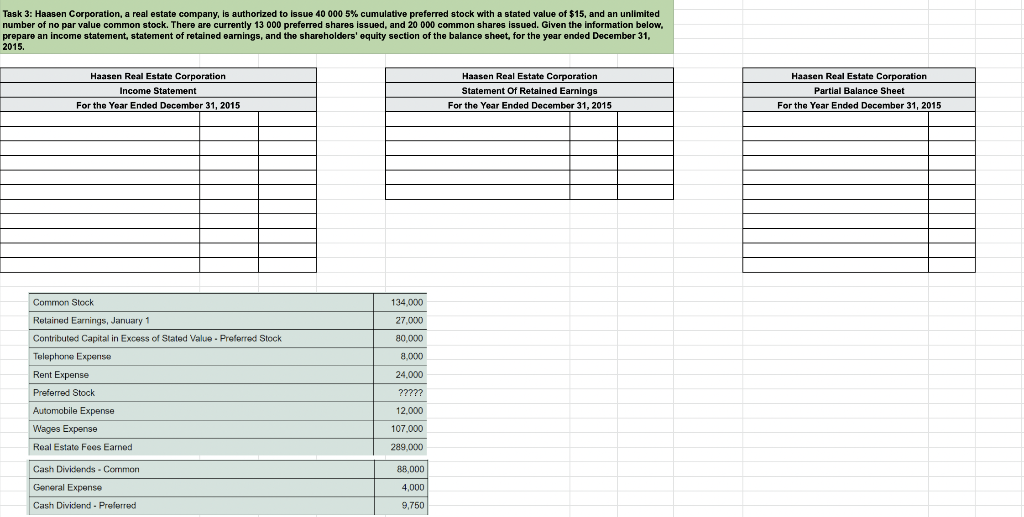 Task 3 Haasen Corporation A Real Estate Company Is Authorized To Issue 40 000 5 Cumulative Preferred Stock With A St 1