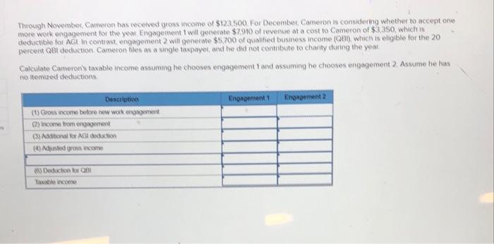 Through November Cameron Has Received Gross Income Of 123 500 For December Cameron Is Considering Whether To Accept O 1