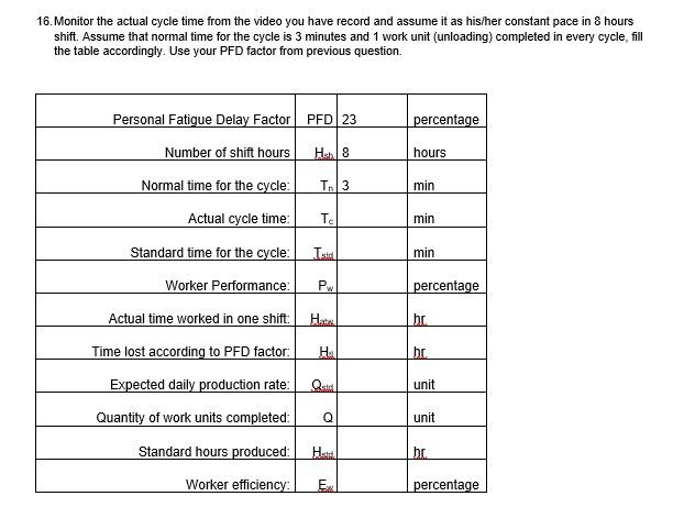 16 Monitor The Actual Cycle Time From The Video You Have Record And Assume It As His Her Constant Pace In 8 Hours Shift 1