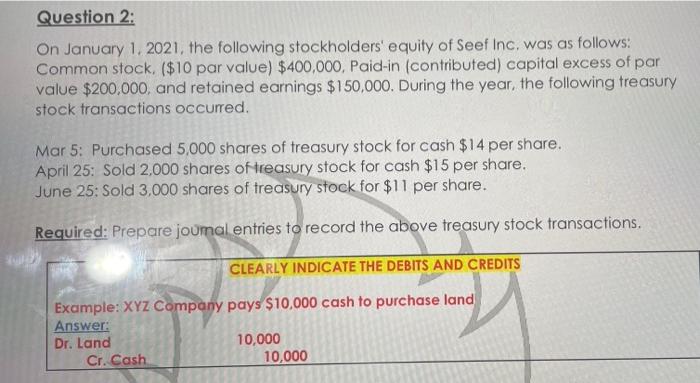Question 2 On January 1 2021 The Following Stockholders Equity Of Seef Inc Was As Follows Common Stock 10 Par V 1