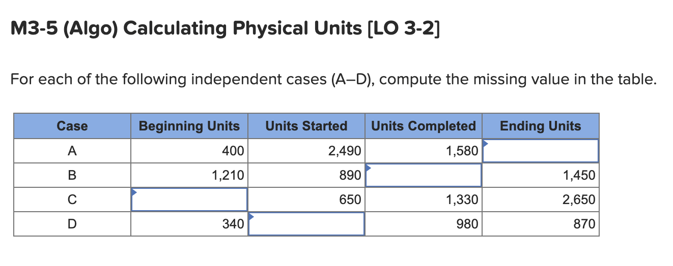 M3 5 Algo Calculating Physical Units Lo 3 2 For Each Of The Following Independent Cases A D Compute The Missing V 1