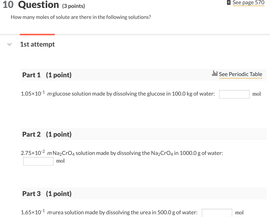 See Page 570 10 Question 3 Points How Many Moles Of Solute Are There In The Following Solutions 1st Attempt Part 1 1
