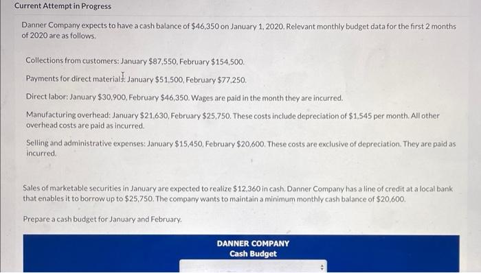 Current Attempt In Progress Danner Company Expects To Have A Cash Balance Of 46 350 On January 1 2020 Relevant Monthl 1