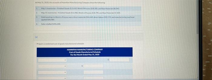 At May 31 2020 The Accounts Of Manufacturing Company Show The Follow 1 May 1 Inventor Finished Goods 13 410 Work In Pr 1