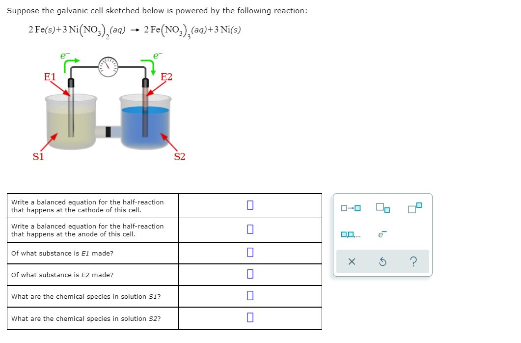 Suppose The Galvanic Cell Sketched Below Is Powered By The Following Reaction 2 Fe S 3 Ni No3 Aq 2 Fe No3 A 1