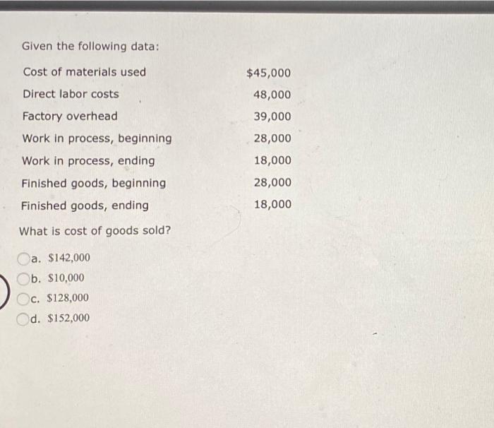 Compute Conversion Costs Given The Following Data Direct Materials 356 200 Direct Labor 202 700 Factory Overhead 2