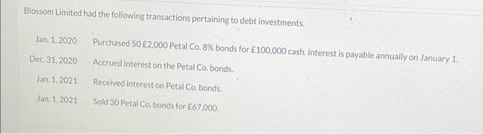 Blossom Limited Had The Following Transactions Pertaining To Debt Investments Jan 1 2020 Dec 31 2020 Jan 1 2021 J 1