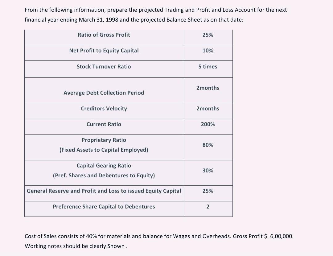 From The Following Information Prepare The Projected Trading And Profit And Loss Account For The Next Financial Year En 1