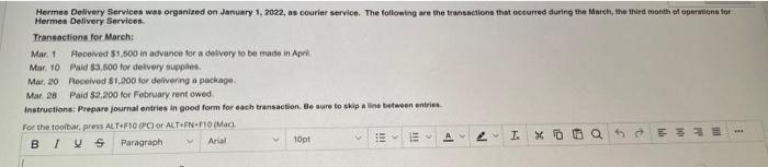 Hermes Delivery Services Was Organized On January 1 2022 As Courier Service The Following Are The Transactions That O 1