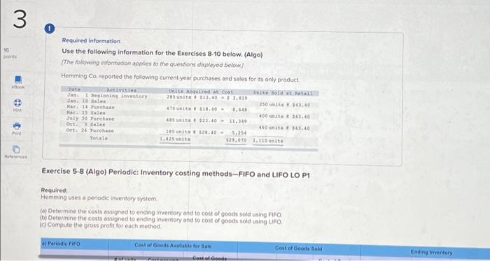 3 16 Points Ebook B Pint P References Required Information Use The Following Information For The Exercises 8 10 Below 1